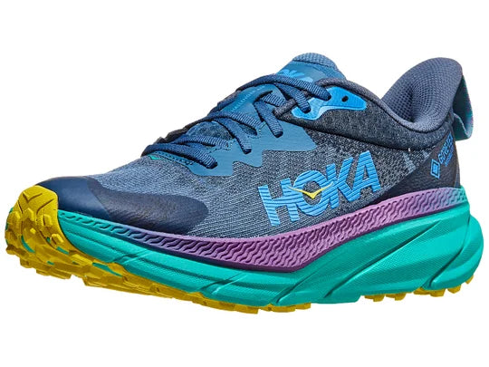 Men's Hoka Challenger 7 GTX. Teal upper. Green midsole. Lateral view.