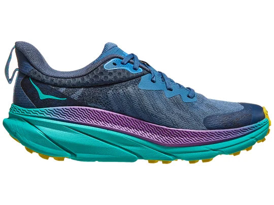 Men's Hoka Challenger 7 GTX. Teal upper. Green midsole. Medial view.