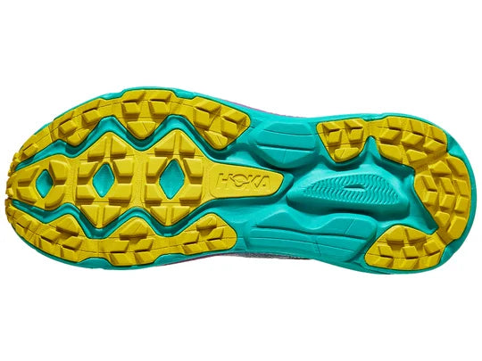 Men's Hoka Challenger 7 GTX. Teal upper. Green midsole. Bottom view.