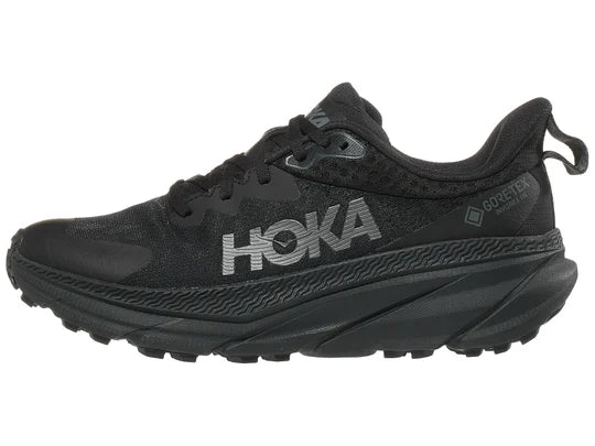 Men's Hoka Challenger 7 GTX. Black upper. Black midsole. Lateral view.