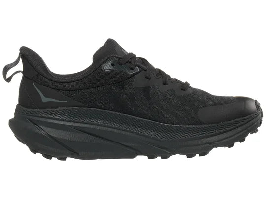 Men's Hoka Challenger 7 GTX. Black upper. Black midsole. Medial view.