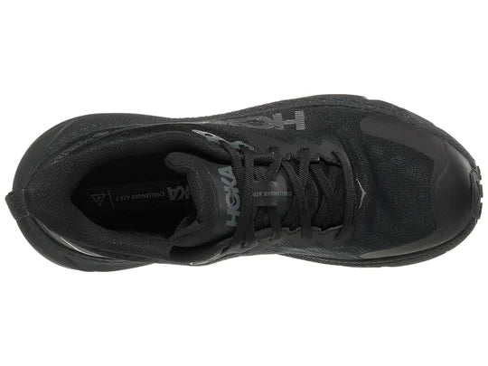 Men's Hoka Challenger 7 GTX. Black upper. Black midsole. Top view.