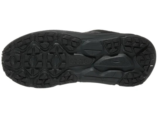 Men's Hoka Challenger 7 GTX. Black upper. Black midsole. Bottom view.