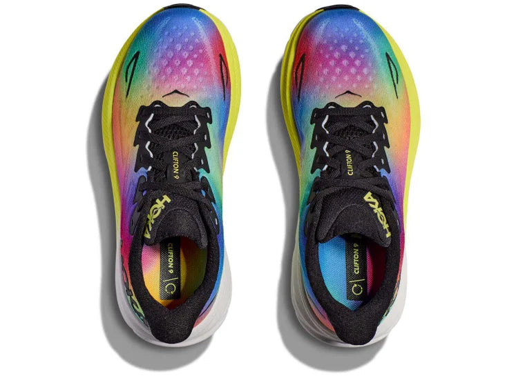 Men's Hoka Clifton 9. Multicolored upper. White/yellow midsole. Top view.