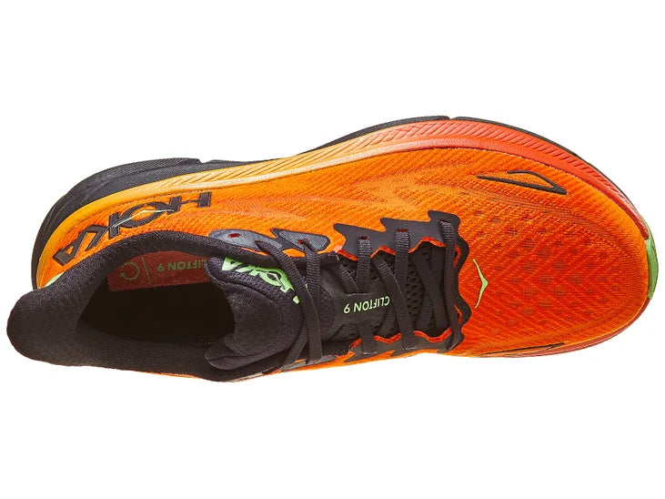 Men's Hoka Clifton 9. Orange/red upper. Orange/black midsole. Top view.