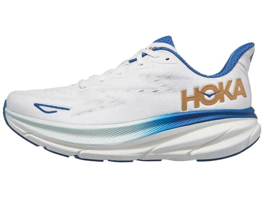 Men's Hoka Clifton 9. White upper. White midsole. Lateral view.