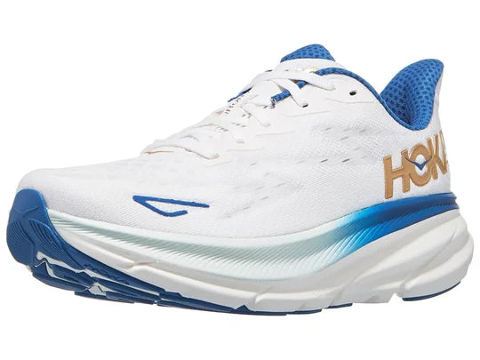 Men's Hoka Clifton 9. White upper. White midsole. Lateral view.