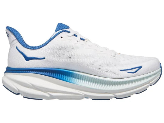 Men's Hoka Clifton 9. White upper. White midsole. Medial view.