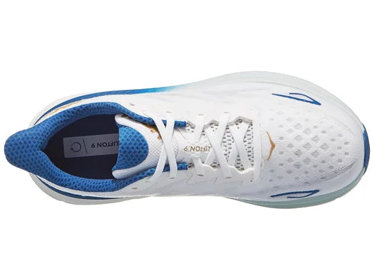 Men's Hoka Clifton 9. White upper. White midsole. Top view.