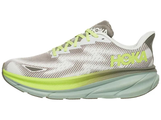 Men's Hoka Clifton 9 GTX. White/Grey upper. Green/Yellow midsole. Lateral view.