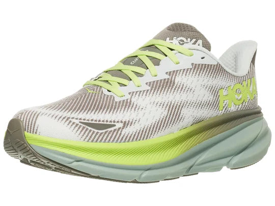 Men's Hoka Clifton 9 GTX. White/Grey upper. Green/Yellow midsole. Lateral view.