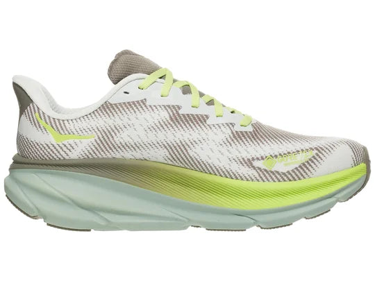 Men's Hoka Clifton 9 GTX. White/Grey upper. Green/Yellow midsole. Medial view.