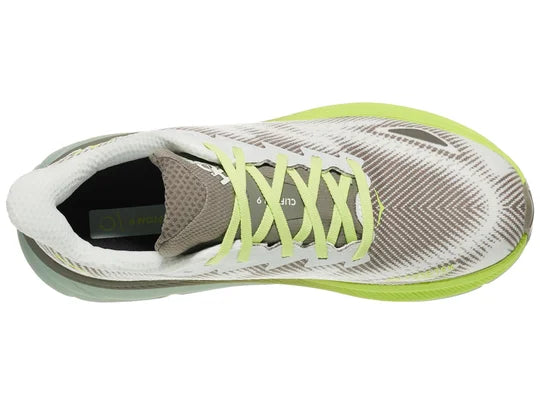 Men's Hoka Clifton 9 GTX. White/Grey upper. Green/Yellow midsole. Top view.