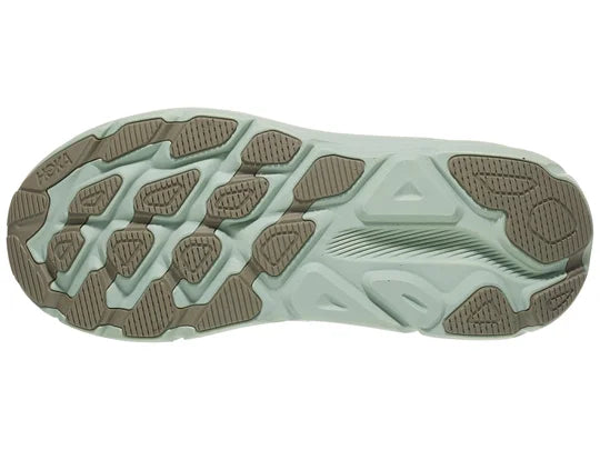 Men's Hoka Clifton 9 GTX. White/Grey upper. Green/Yellow midsole. Bottom view.