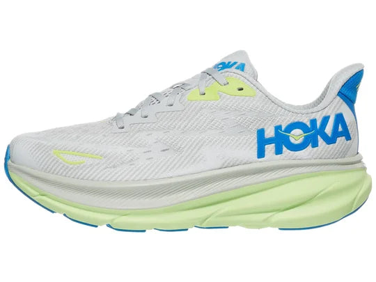 Men's Hoka Clifton 9. Off White upper. Light Green midsole. Lateral view.