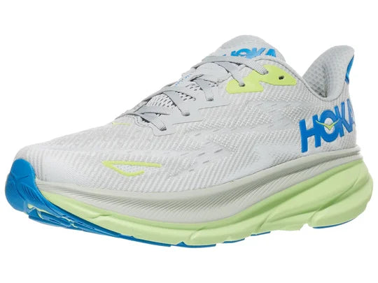 Men's Hoka Clifton 9. Off White upper. Light Green midsole. Lateral view.