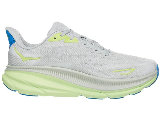 Men's Hoka Clifton 9. Off White upper. Light Green midsole. Medial view.