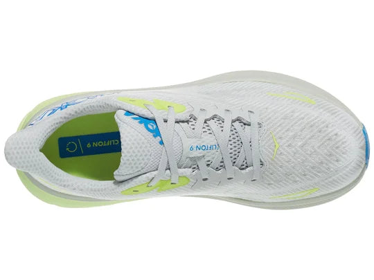 Men's Hoka Clifton 9. Off White upper. Light Green midsole. Top view.