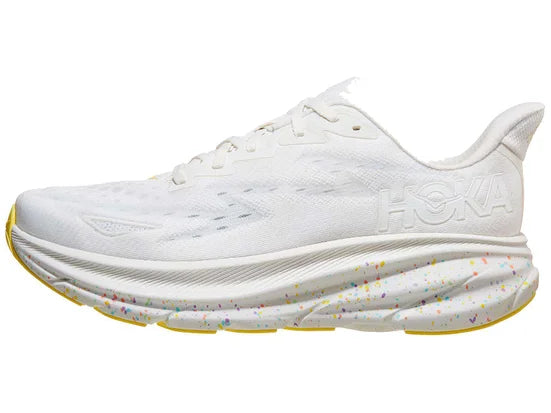 Men's Hoka Clifton 9. White upper. White speckled midsole. Lateral view.