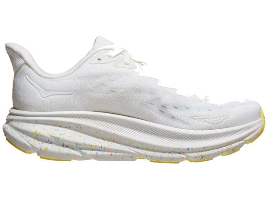 Men's Hoka Clifton 9. White upper. White speckled midsole. Medial view.