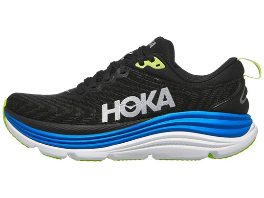 Men's Hoka Gaviota 5. Black upper. White midsole. Lateral view.