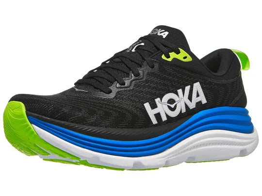 Men's Hoka Gaviota 5. Black upper. White midsole. Lateral view.