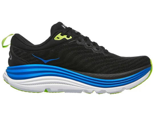 Men's Hoka Gaviota 5. Black upper. White midsole. Medial view.