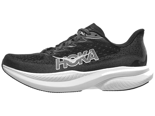 Men's Hoka Mach 6. Black upper. White midsole. Lateral view.