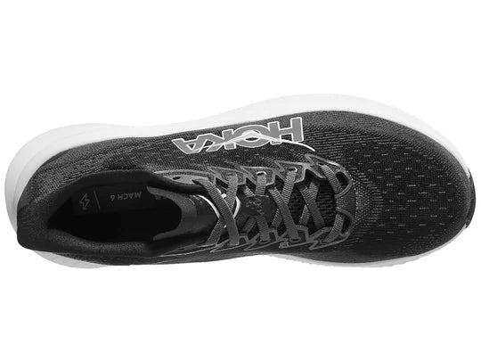 Men's Hoka Mach 6. Black upper. White midsole. Top view.