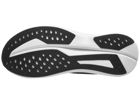 Men's Hoka Mach 6. Black upper. White midsole. Bottom view.