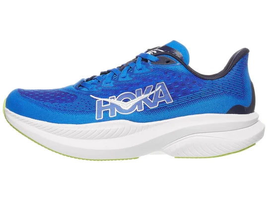 Men's Hoka Mach 6. Blue upper. White midsole. Lateral view.