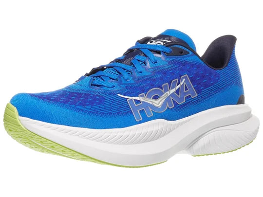 Men's Hoka Mach 6. Blue upper. White midsole. Lateral view.