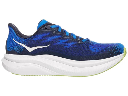 Men's Hoka Mach 6. Blue upper. White midsole. Medial view.