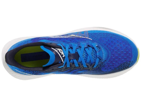 Men's Hoka Mach 6. Blue upper. White midsole. Top view.