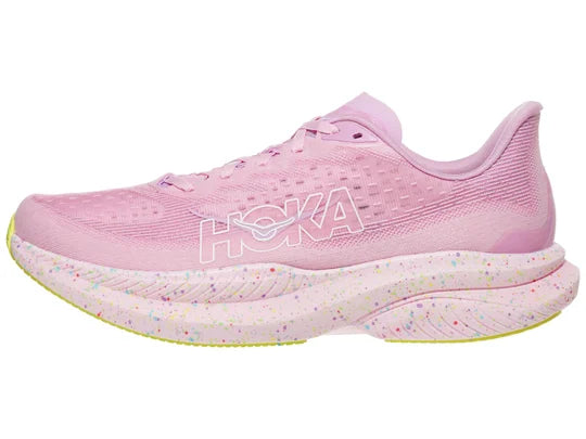 Men's Hoka Mach 6. Pink upper. Pink speckled midsole. Lateral view.