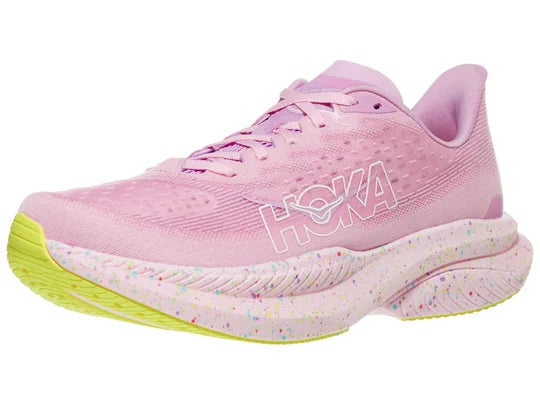 Men's Hoka Mach 6. Pink upper. Pink speckled midsole. Lateral view.