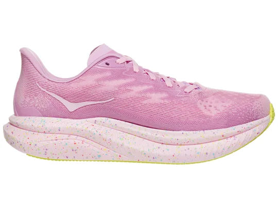 Men's Hoka Mach 6. Pink upper. Pink speckled midsole. Medial view.