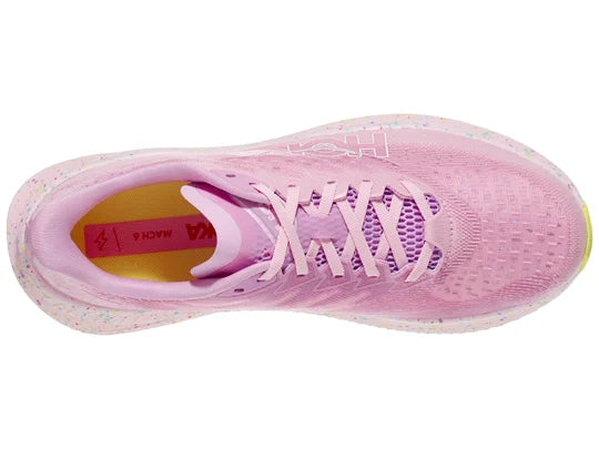 Men's Hoka Mach 6. Pink upper. Pink speckled midsole. Top view.