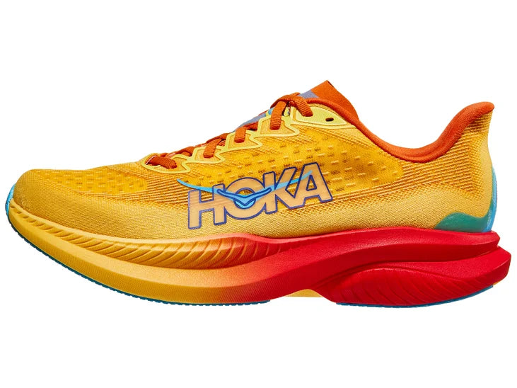 Men's Hoka Mach 6. Orange upper. Orange/Red midsole. Lateral view.