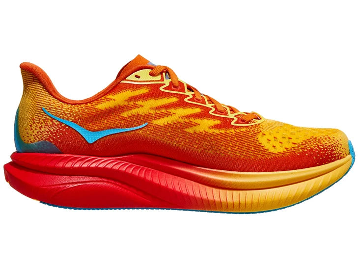 Men's Hoka Mach 6. Orange upper. Orange/Red midsole. Medial view.