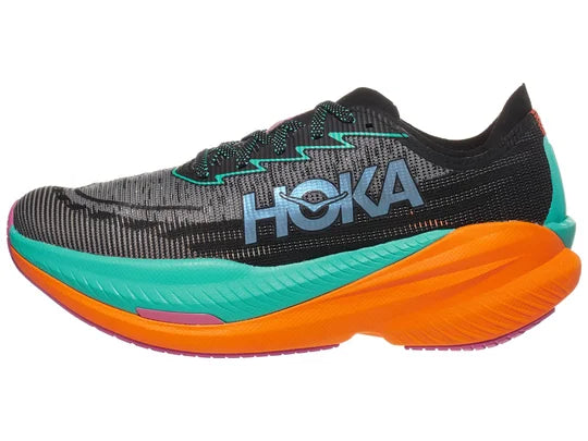 Men's Hoka Mach X2. Black upper. Orange midsole. Lateral view.