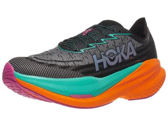 Men's Hoka Mach X2. Black upper. Orange midsole. Lateral view.