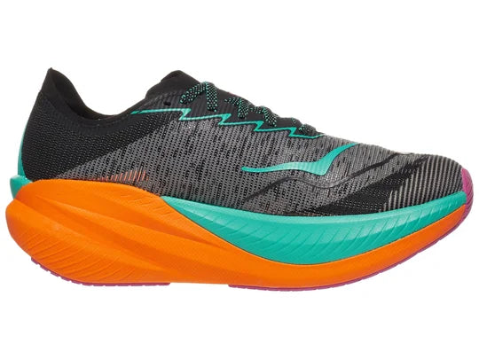 Men's Hoka Mach X2. Black upper. Orange midsole. Medial view.