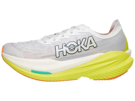 Men's Hoka Mach X2. White upper. Yellow midsole. Lateral view.