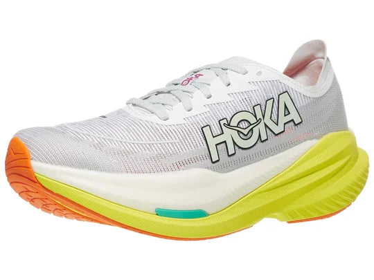 Men's Hoka Mach X2. White upper. Yellow midsole. Lateral view.