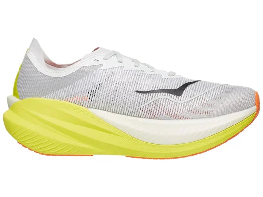 Men's Hoka Mach X2. White upper. Yellow midsole. Medial view.