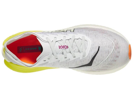 Men's Hoka Mach X2. White upper. Yellow midsole. Top view.