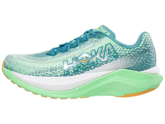 Men's Hoka Mach X. Multicolored upper. Green midsole. Lateral view.