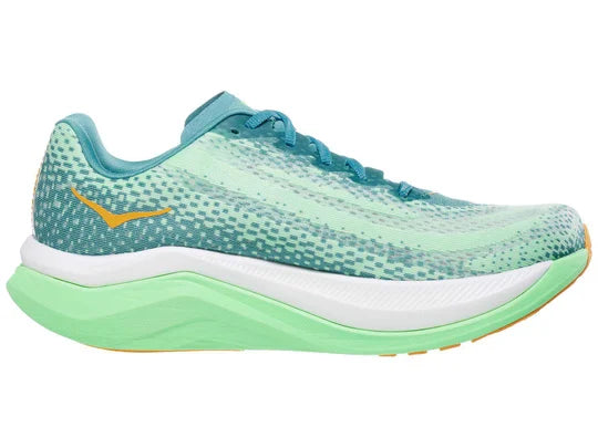 Men's Hoka Mach X. Multicolored upper. Green midsole. Medial view.