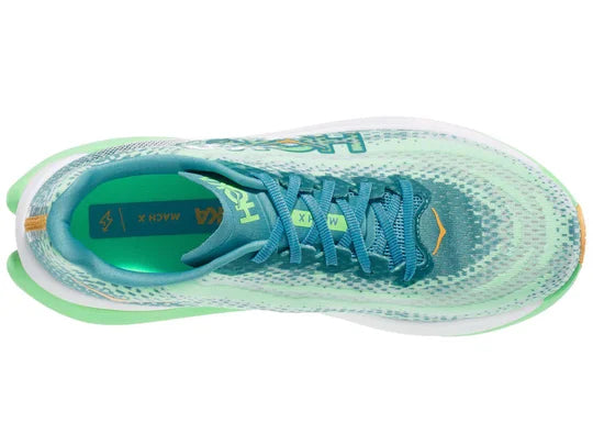 Men's Hoka Mach X. Multicolored upper. Green midsole. Top view.